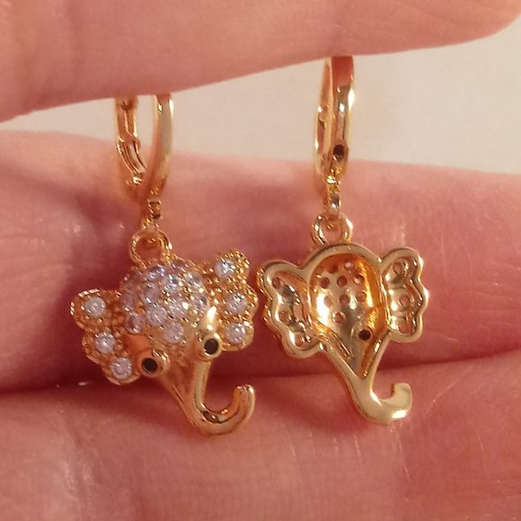 18K Yellow Gold Filled Elephant Diamond Zircon Dangle Earrings Gorgeous Gift - Picture 4 of 4